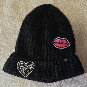 Victoria's Secret Black Knit Beanie with Pink Lips and Heart Patch